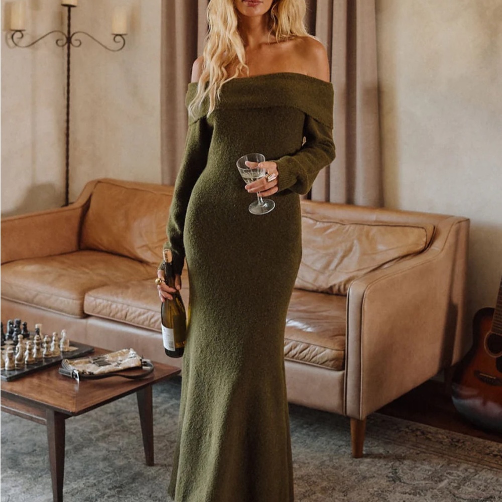 12th Tribe Olive Green Off-the-Shoulder Knit Sweater